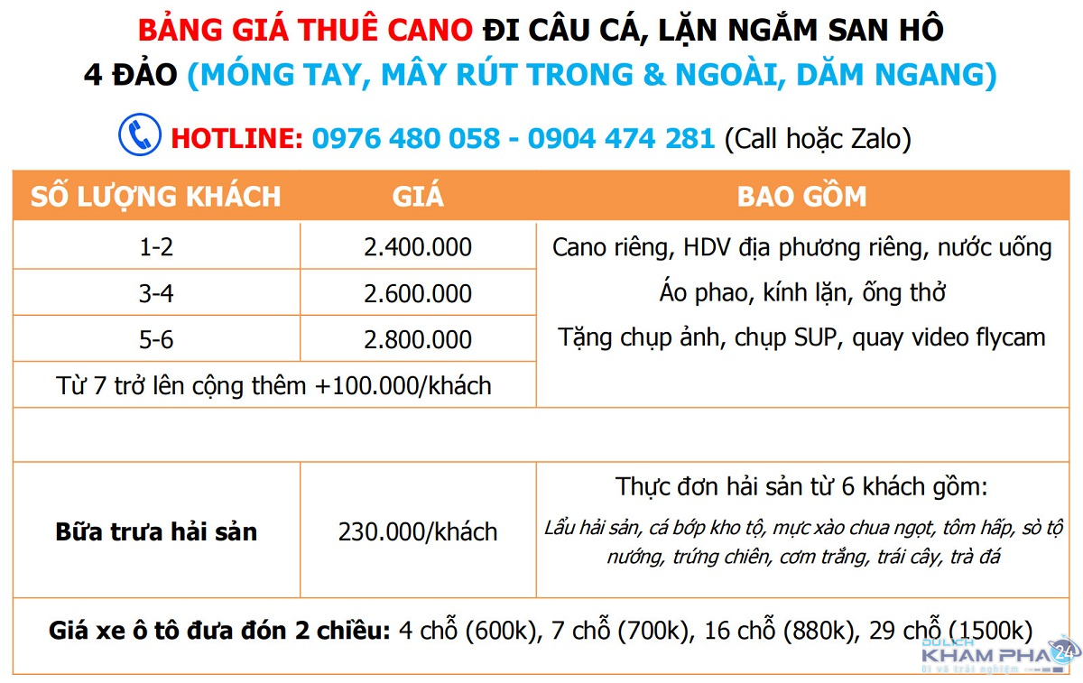 Bang gia thue cano Phu Quoc