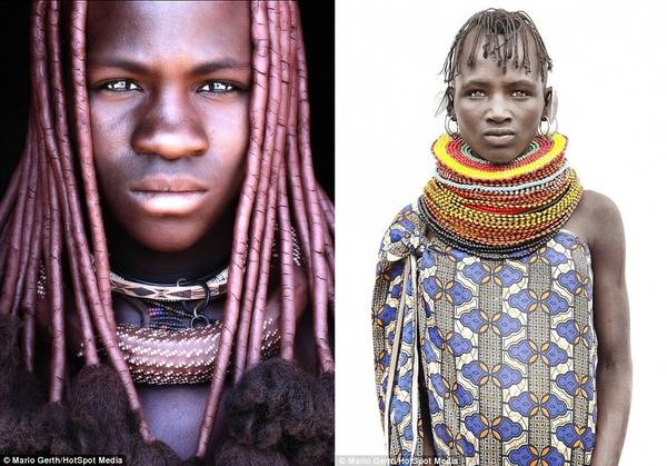 Ảnh bên trái là một chiến binh người Himba ở Namibia. Ảnh bên phải là một phụ nữ thuộc tộc Dassanech ở Ethiopia với những vòng cổ nhiều màu.