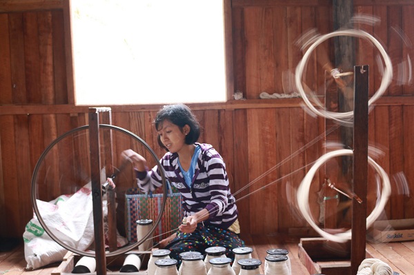 Thiếu nữ Myanmar quay những sợi tơ được làm bằng sen - Ảnh: Bông Mai Thiếu nữ Myanmar quay những sợi tơ được làm bằng sen - Ảnh: Bông Mai